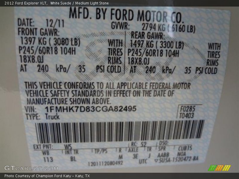 White Suede / Medium Light Stone 2012 Ford Explorer XLT