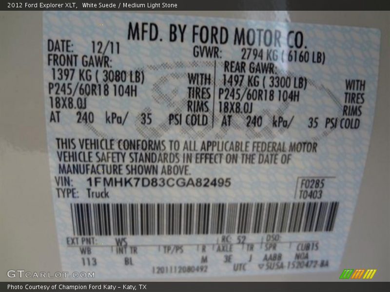 White Suede / Medium Light Stone 2012 Ford Explorer XLT