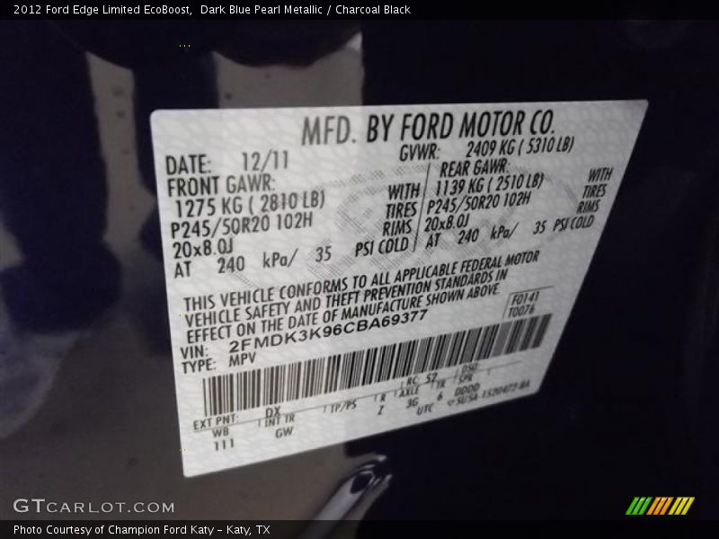 Dark Blue Pearl Metallic / Charcoal Black 2012 Ford Edge Limited EcoBoost