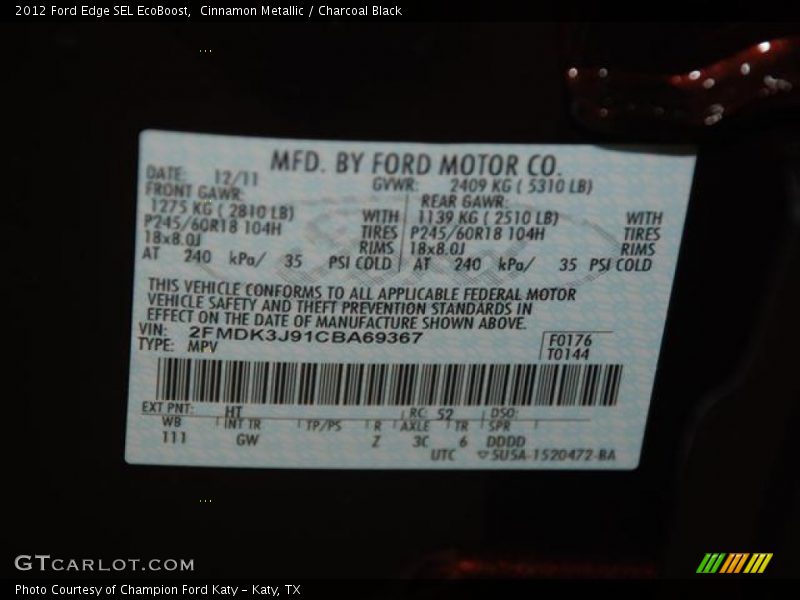 Cinnamon Metallic / Charcoal Black 2012 Ford Edge SEL EcoBoost