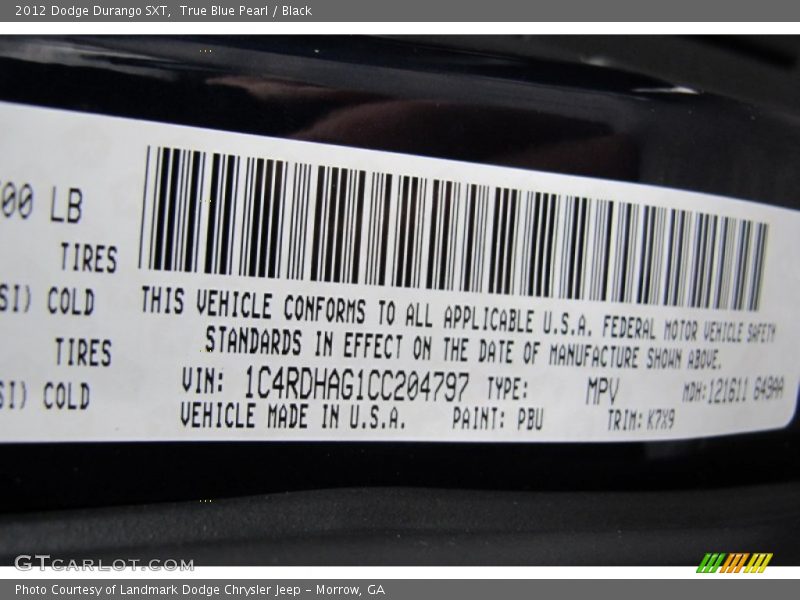2012 Durango SXT True Blue Pearl Color Code PBU
