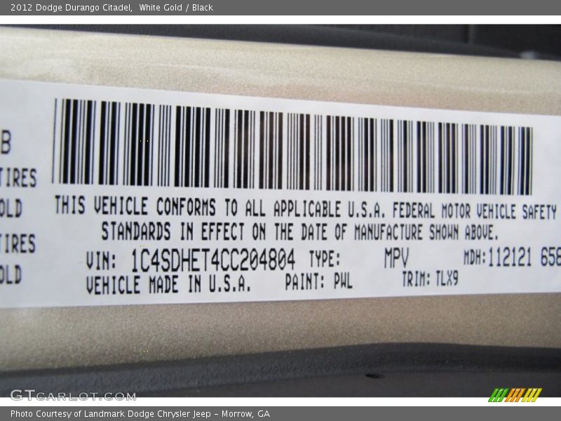 2012 Durango Citadel White Gold Color Code PWL