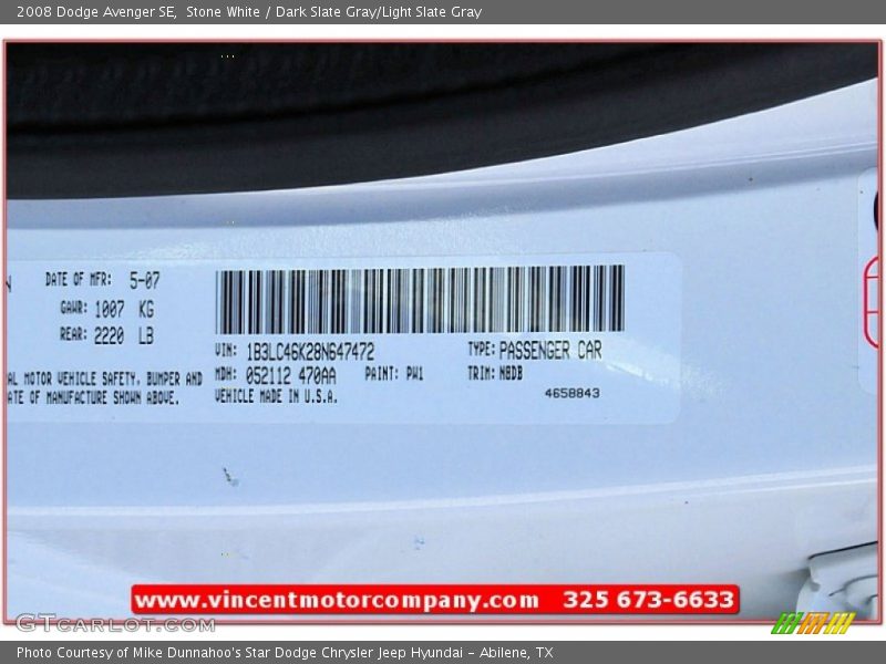 Stone White / Dark Slate Gray/Light Slate Gray 2008 Dodge Avenger SE