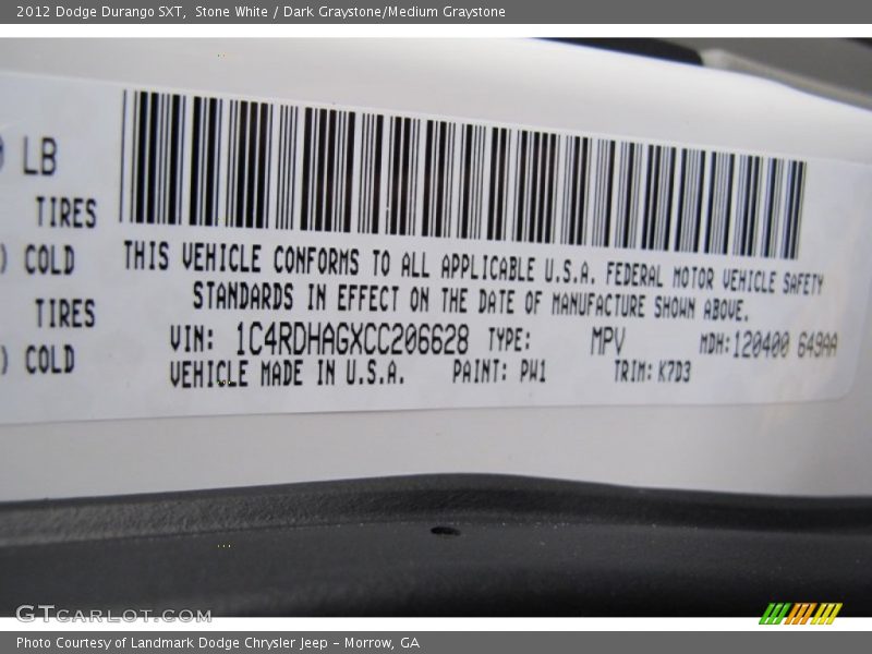 Stone White / Dark Graystone/Medium Graystone 2012 Dodge Durango SXT