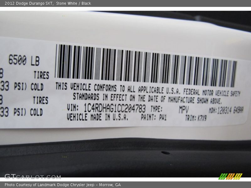 Stone White / Black 2012 Dodge Durango SXT