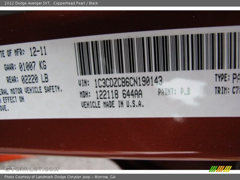 2012 Avenger SXT Copperhead Pearl Color Code PLB