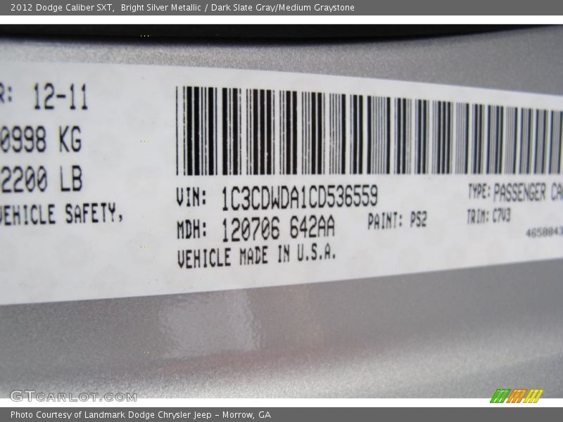 Bright Silver Metallic / Dark Slate Gray/Medium Graystone 2012 Dodge Caliber SXT