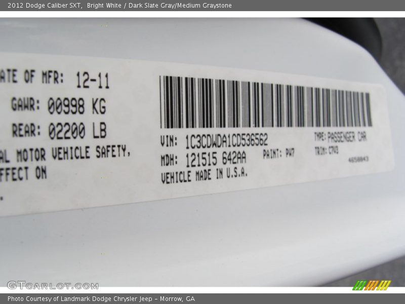 Bright White / Dark Slate Gray/Medium Graystone 2012 Dodge Caliber SXT