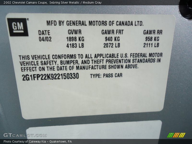 Info Tag of 2002 Camaro Coupe