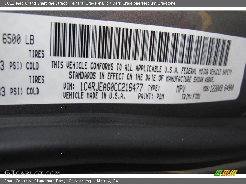 Mineral Gray Metallic / Dark Graystone/Medium Graystone 2012 Jeep Grand Cherokee Laredo