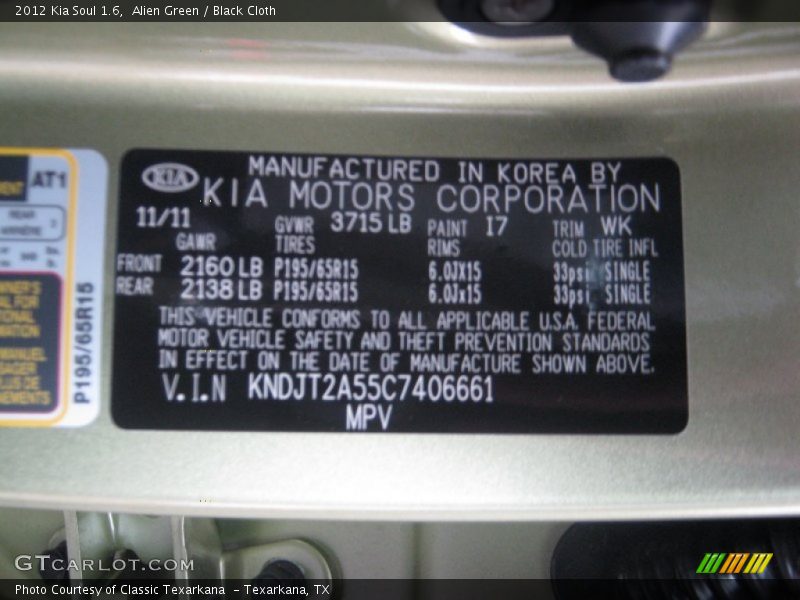 2012 Soul 1.6 Alien Green Color Code I7