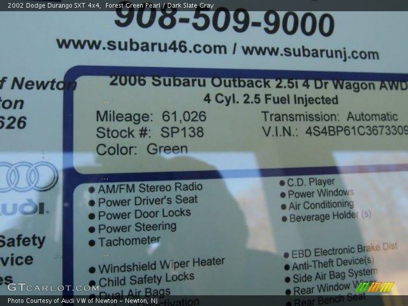 Forest Green Pearl / Dark Slate Gray 2002 Dodge Durango SXT 4x4