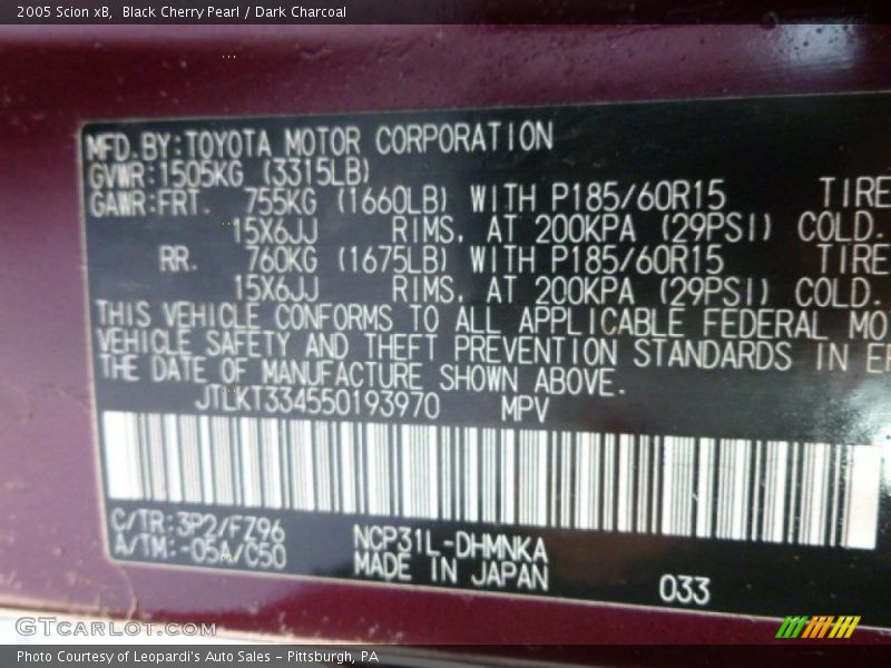 Black Cherry Pearl / Dark Charcoal 2005 Scion xB