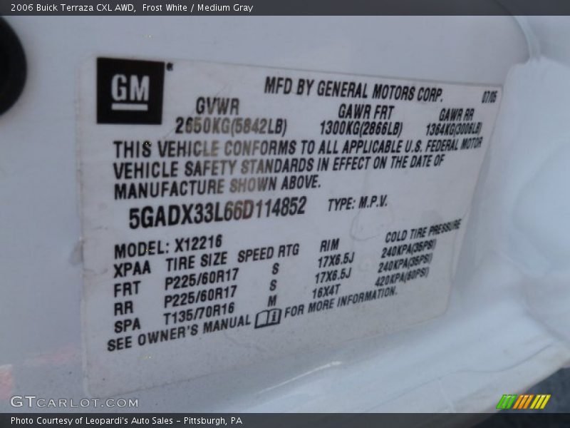 Frost White / Medium Gray 2006 Buick Terraza CXL AWD