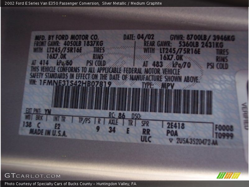 2002 E Series Van E350 Passenger Conversion Silver Metallic Color Code YN