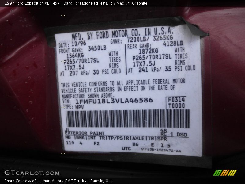 1997 Expedition XLT 4x4 Dark Toreador Red Metallic Color Code JL