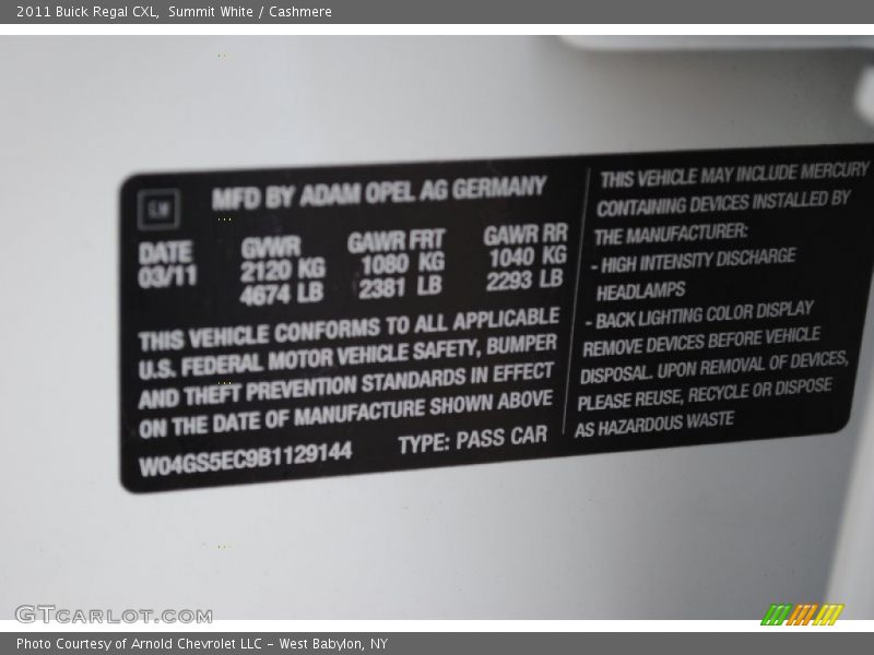 Summit White / Cashmere 2011 Buick Regal CXL