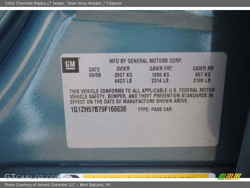 Info Tag of 2009 Malibu LT Sedan