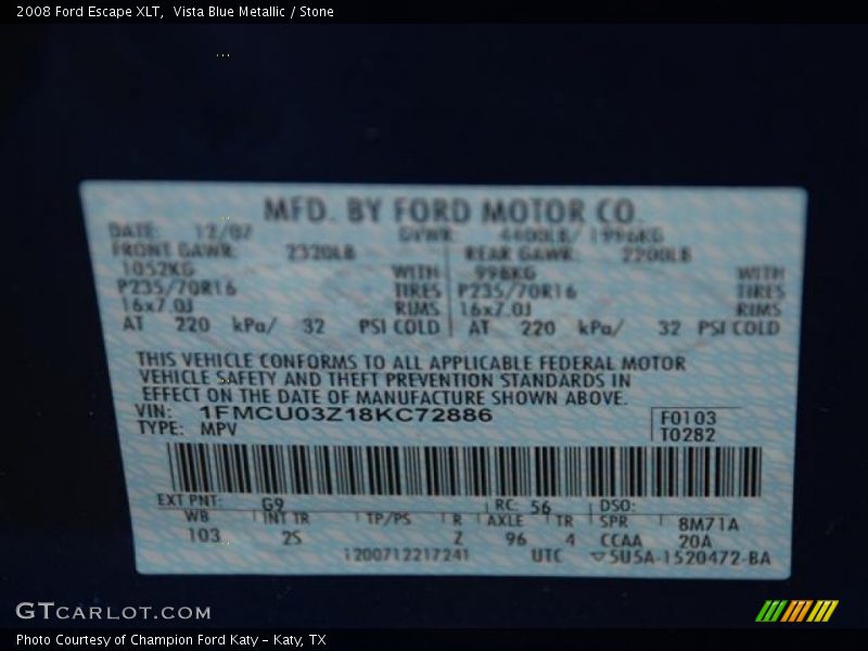Vista Blue Metallic / Stone 2008 Ford Escape XLT