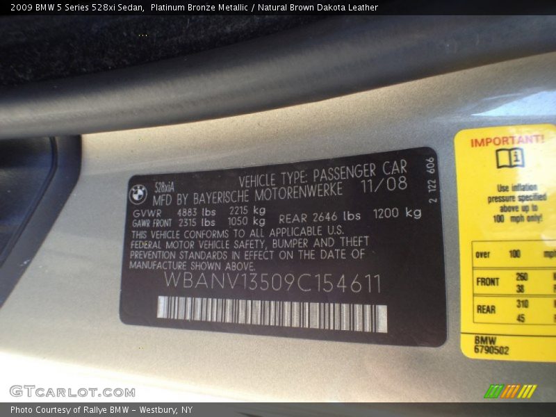 Platinum Bronze Metallic / Natural Brown Dakota Leather 2009 BMW 5 Series 528xi Sedan