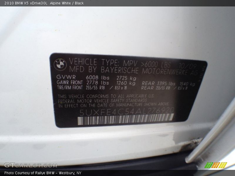 Alpine White / Black 2010 BMW X5 xDrive30i