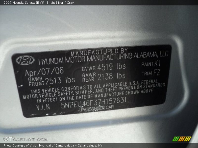 Bright Silver / Gray 2007 Hyundai Sonata SE V6