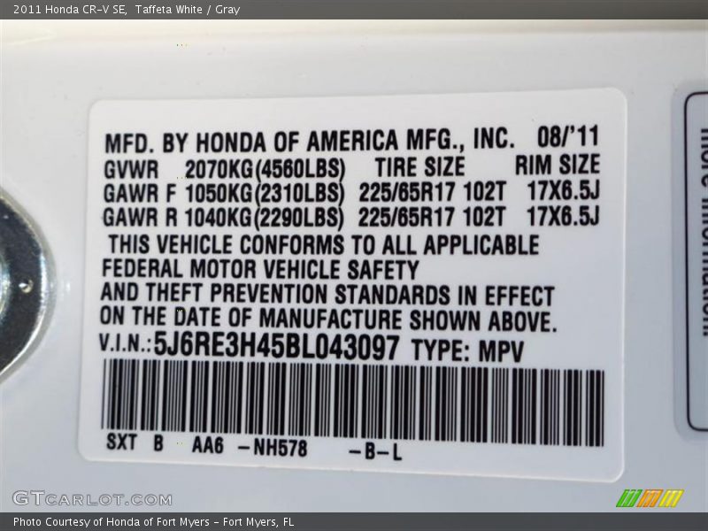 Taffeta White / Gray 2011 Honda CR-V SE