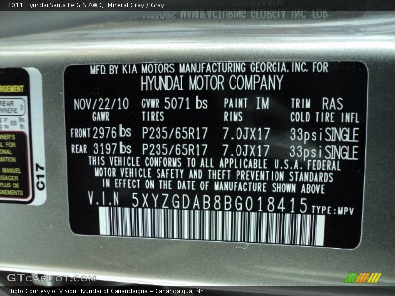 Mineral Gray / Gray 2011 Hyundai Santa Fe GLS AWD