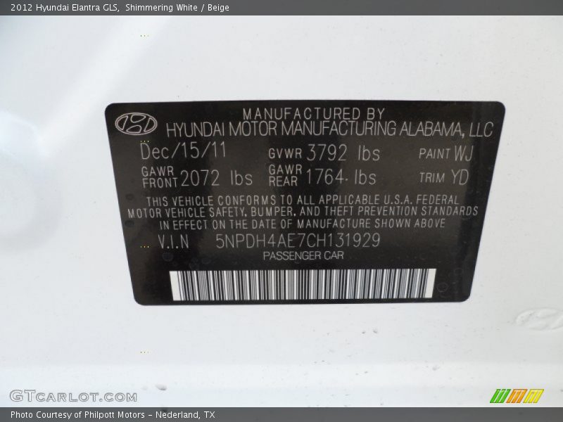 Shimmering White / Beige 2012 Hyundai Elantra GLS