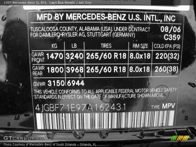 Capri Blue Metallic / Ash Grey 2007 Mercedes-Benz GL 450