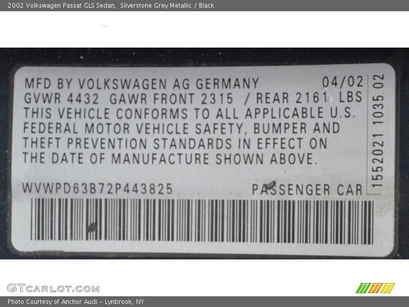 Silverstone Grey Metallic / Black 2002 Volkswagen Passat GLS Sedan