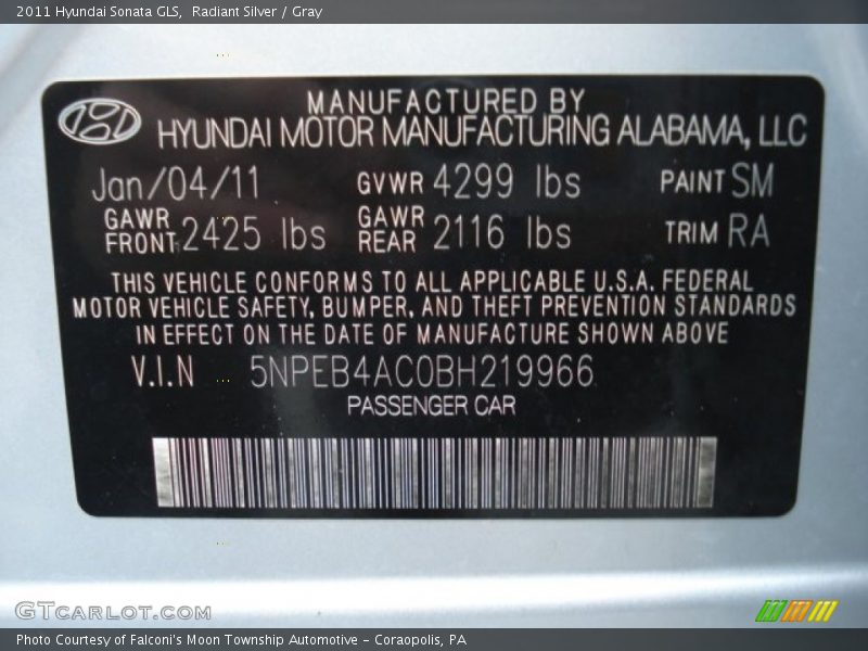 Radiant Silver / Gray 2011 Hyundai Sonata GLS