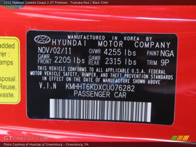 Tsukuba Red / Black Cloth 2012 Hyundai Genesis Coupe 2.0T Premium