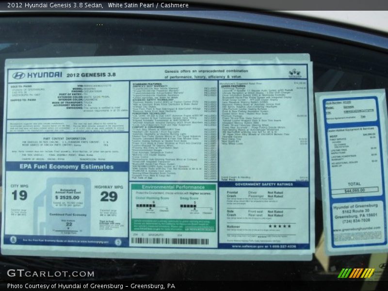  2012 Genesis 3.8 Sedan Window Sticker