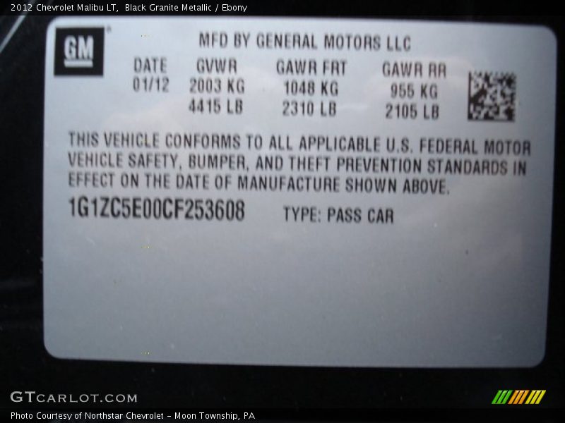 Black Granite Metallic / Ebony 2012 Chevrolet Malibu LT