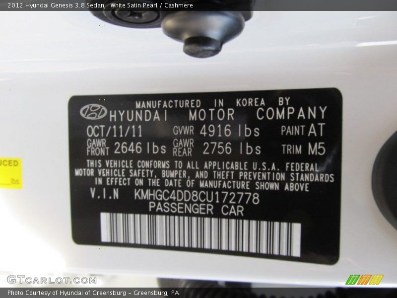 2012 Genesis 3.8 Sedan White Satin Pearl Color Code AT