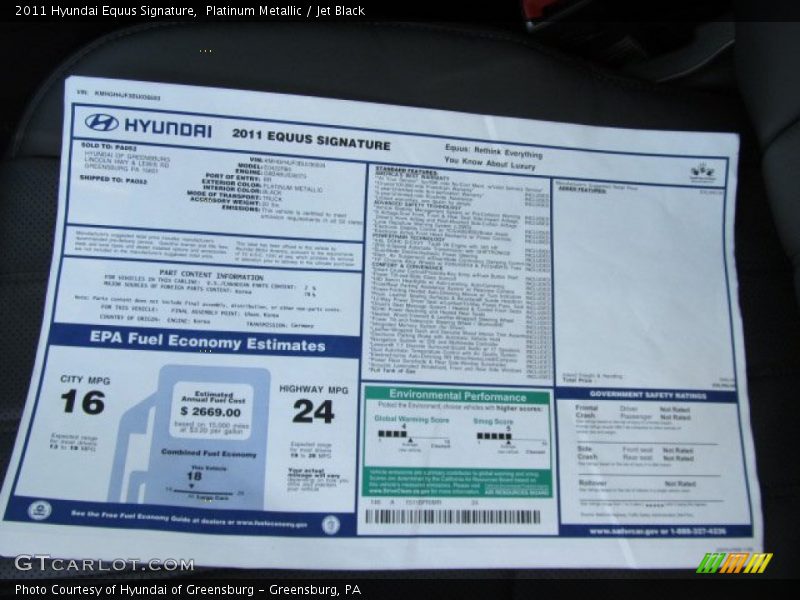  2011 Equus Signature Window Sticker