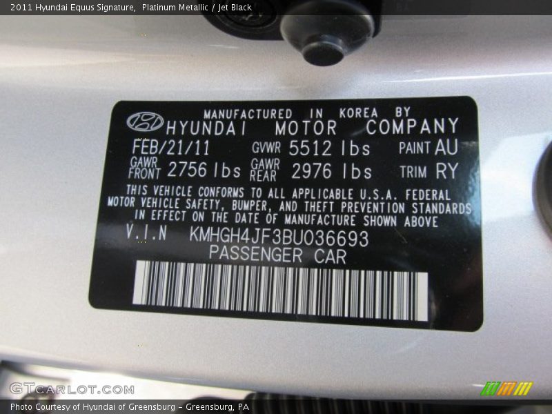 2011 Equus Signature Platinum Metallic Color Code AU