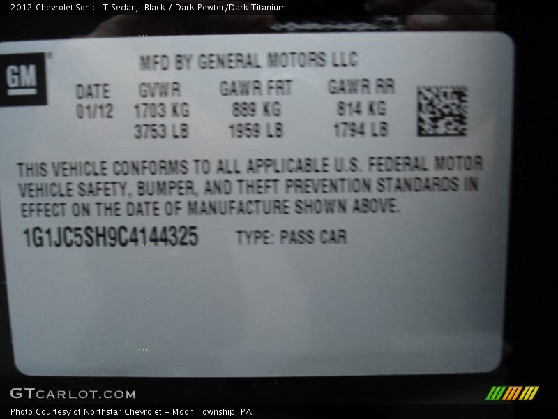Black / Dark Pewter/Dark Titanium 2012 Chevrolet Sonic LT Sedan