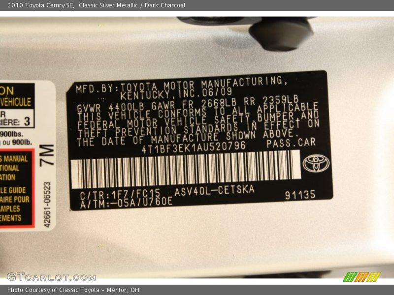 2010 Camry SE Classic Silver Metallic Color Code 1F7