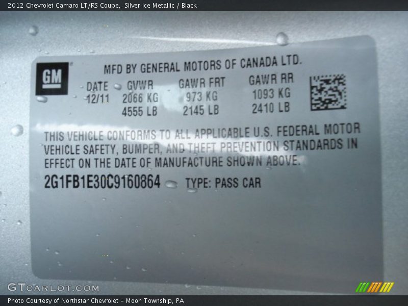 Silver Ice Metallic / Black 2012 Chevrolet Camaro LT/RS Coupe