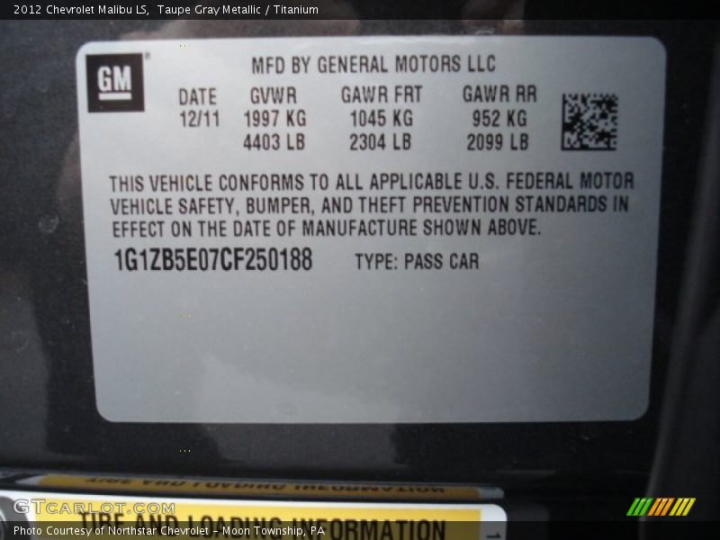 Taupe Gray Metallic / Titanium 2012 Chevrolet Malibu LS