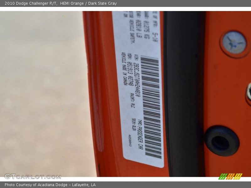 2010 Challenger R/T HEMI Orange Color Code PLC