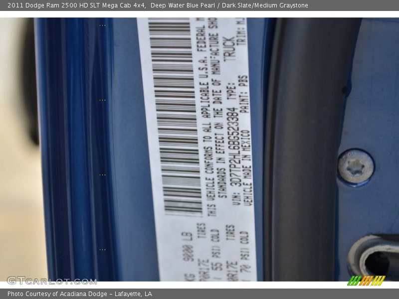 2011 Ram 2500 HD SLT Mega Cab 4x4 Deep Water Blue Pearl Color Code PBS