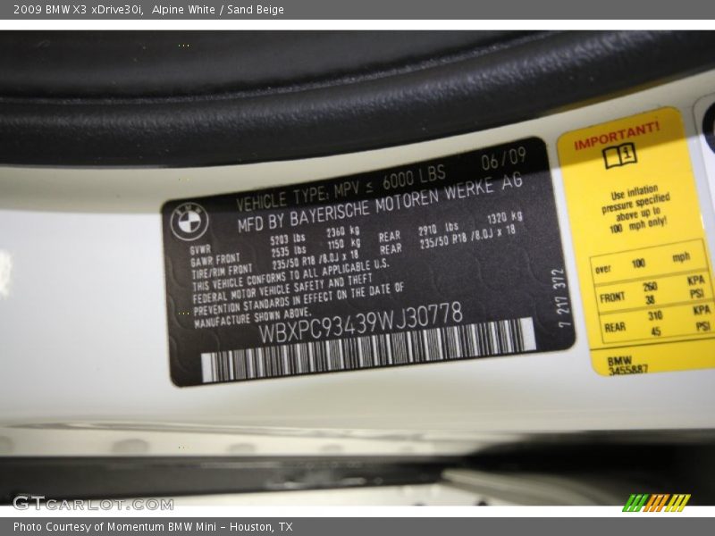 Alpine White / Sand Beige 2009 BMW X3 xDrive30i