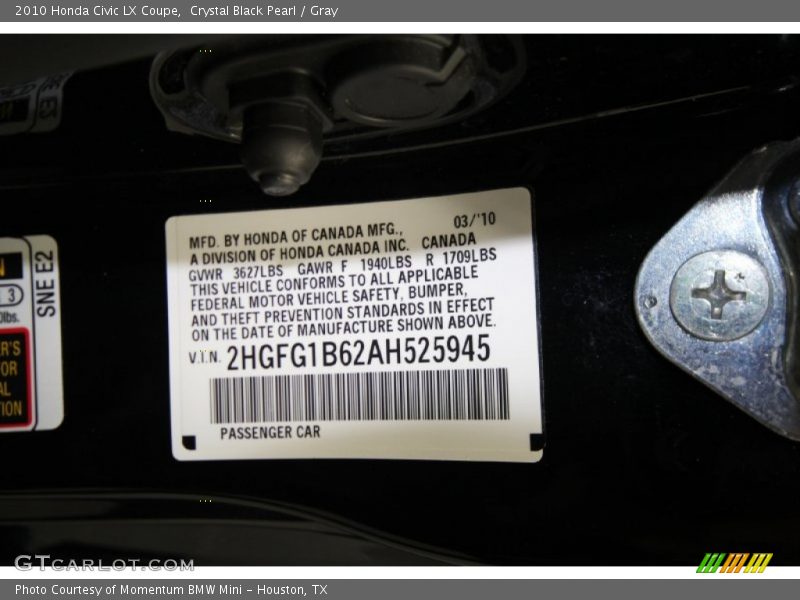 Crystal Black Pearl / Gray 2010 Honda Civic LX Coupe