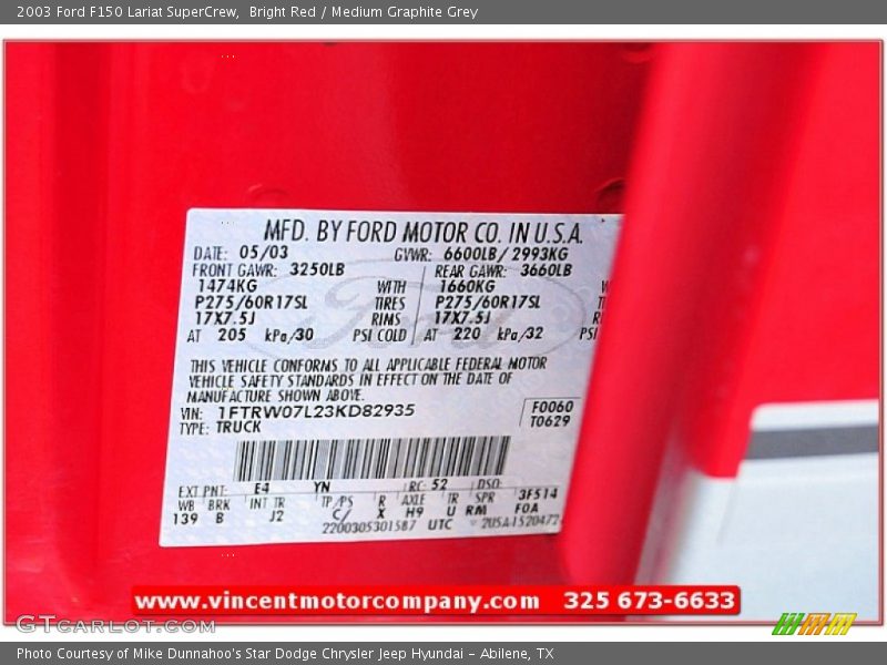 Bright Red / Medium Graphite Grey 2003 Ford F150 Lariat SuperCrew