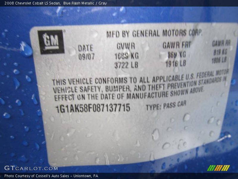 Info Tag of 2008 Cobalt LS Sedan