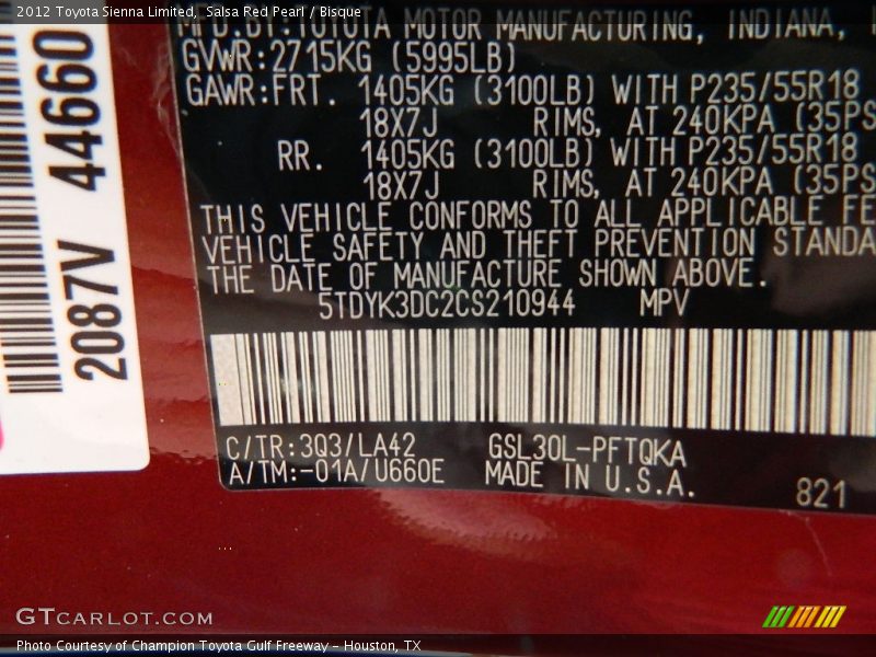 Salsa Red Pearl / Bisque 2012 Toyota Sienna Limited