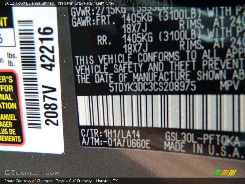 Predawn Gray Mica / Light Gray 2012 Toyota Sienna Limited